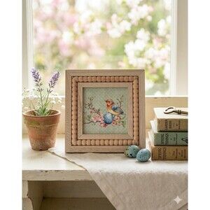 Small Framed Easter Bird Art - 5x5 Beaded Wood Frame - Spring Cottagecore Decor